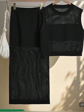 Black Knit Two-Piece Set - Sleeveless Crop Top & Midi Skirt